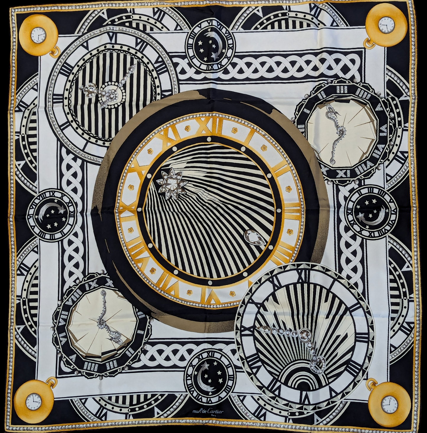 Must de Cartier Diamonds and Clock Vintage Silk Scarf