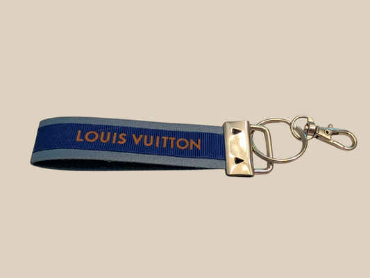 Louis Vuitton Upcycled Ribbon Blue Keychain with Silver Hardware